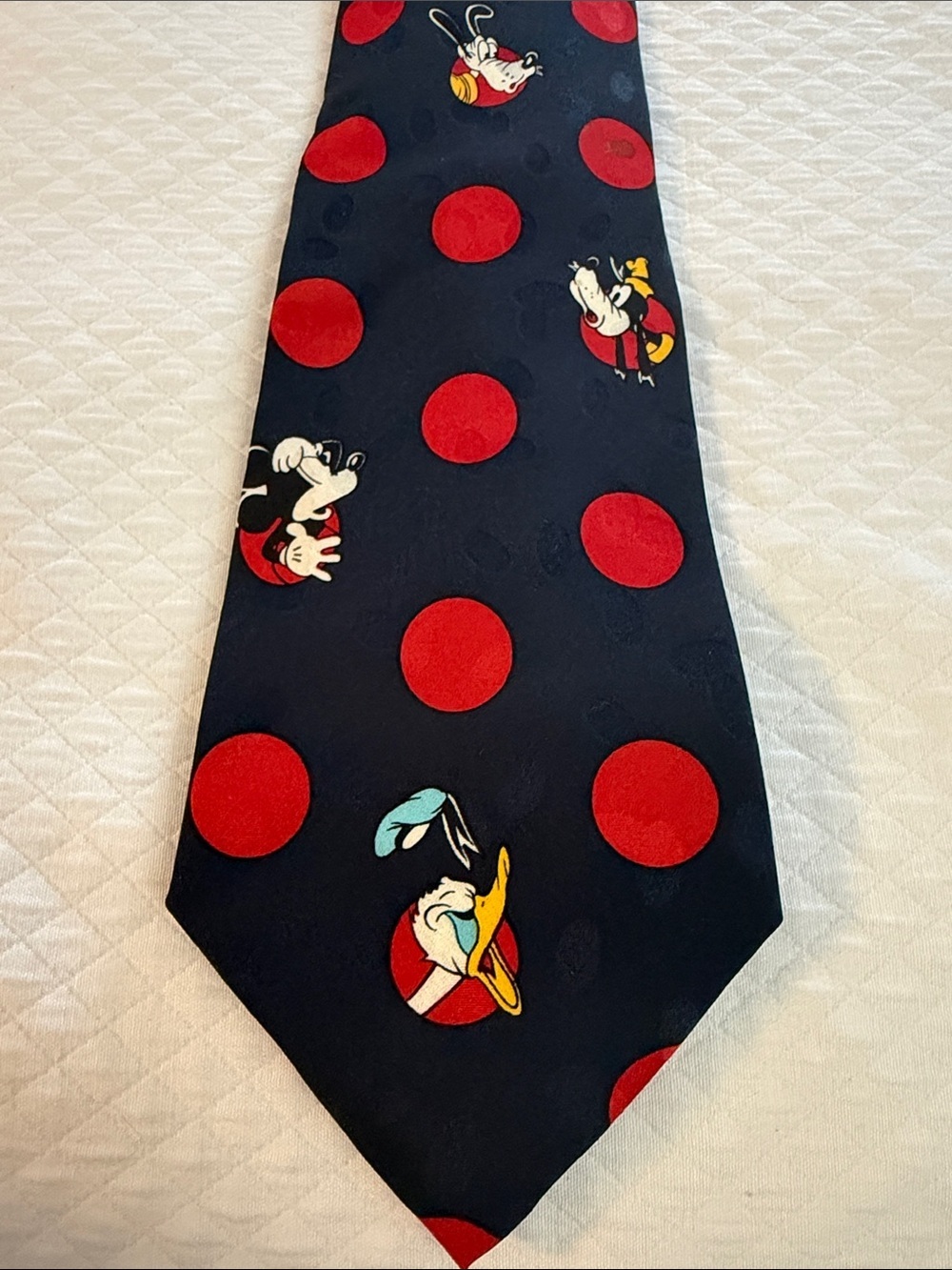 Vintage Disney 100% Silk Navy and Red  Polka Dot Tie with Mickey, Donald, Goofy